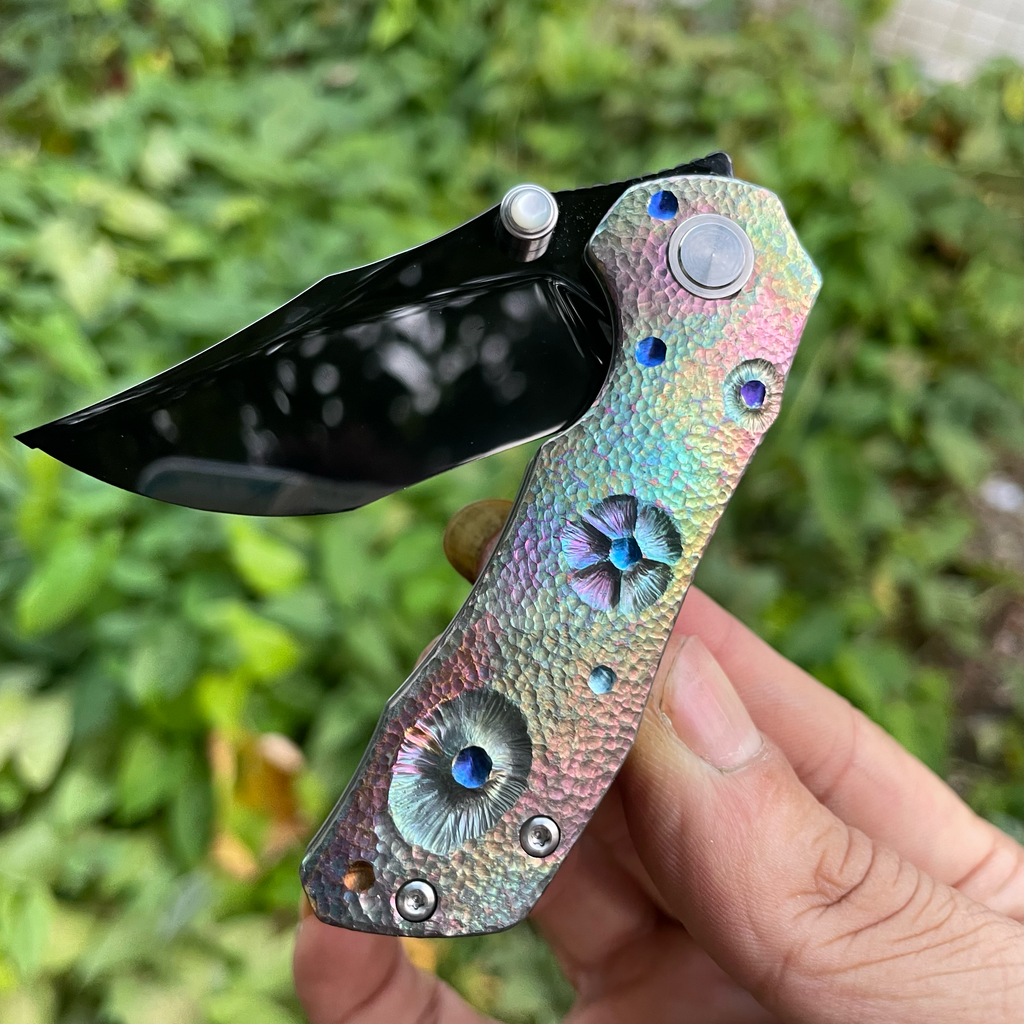 Handmade M398 EDC Folding Knife, Rainbow Anodized Titanium Handle Mirror Polished Blade, Collector Pocket Knife