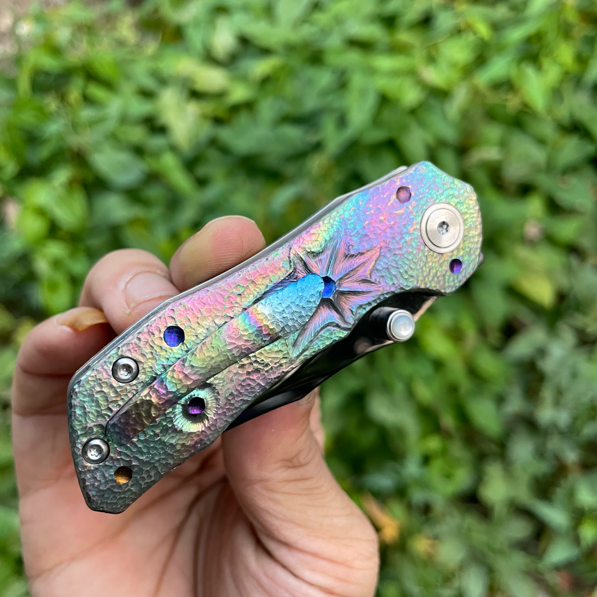 Handmade M398 EDC Folding Knife, Rainbow Anodized Titanium Handle Mirror Polished Blade, Collector Pocket Knife