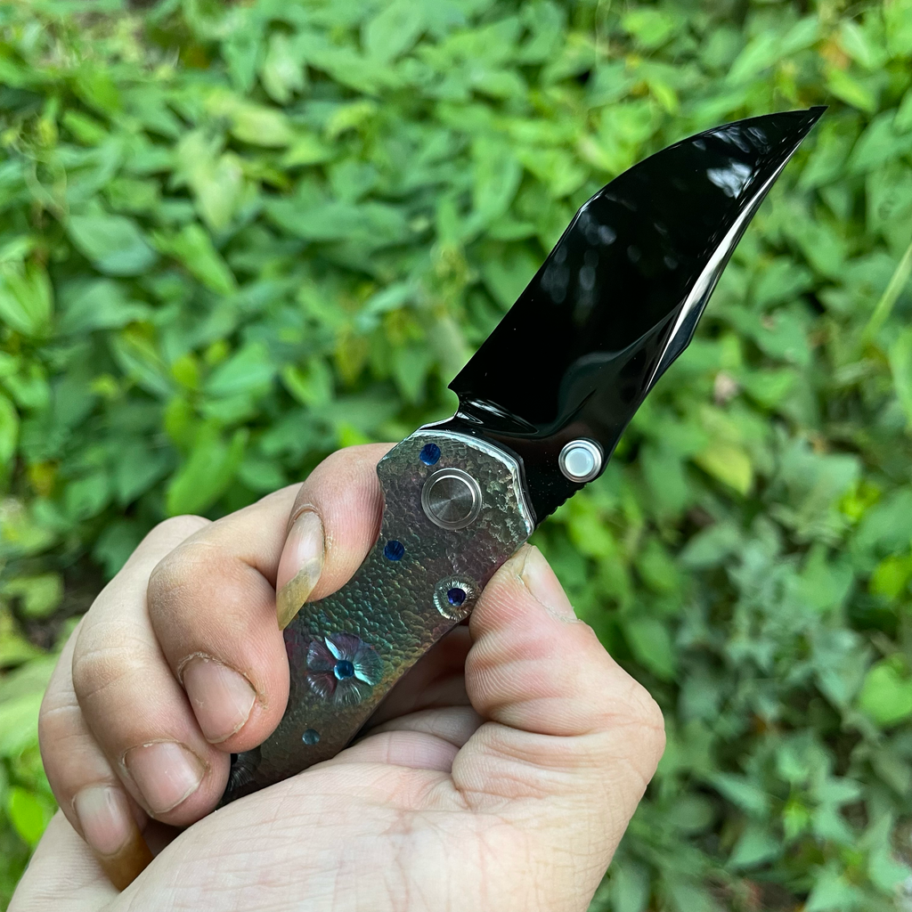 Handmade M398 EDC Folding Knife, Rainbow Anodized Titanium Handle Mirror Polished Blade, Collector Pocket Knife
