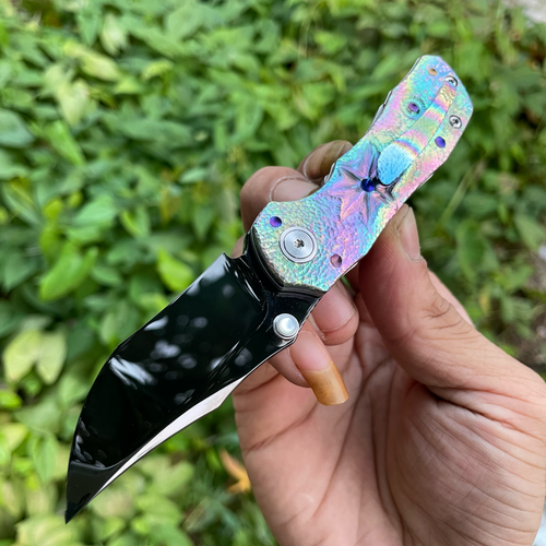 Handmade M398 EDC Folding Knife, Rainbow Anodized Titanium Handle Mirror Polished Blade, Collector Pocket Knife
