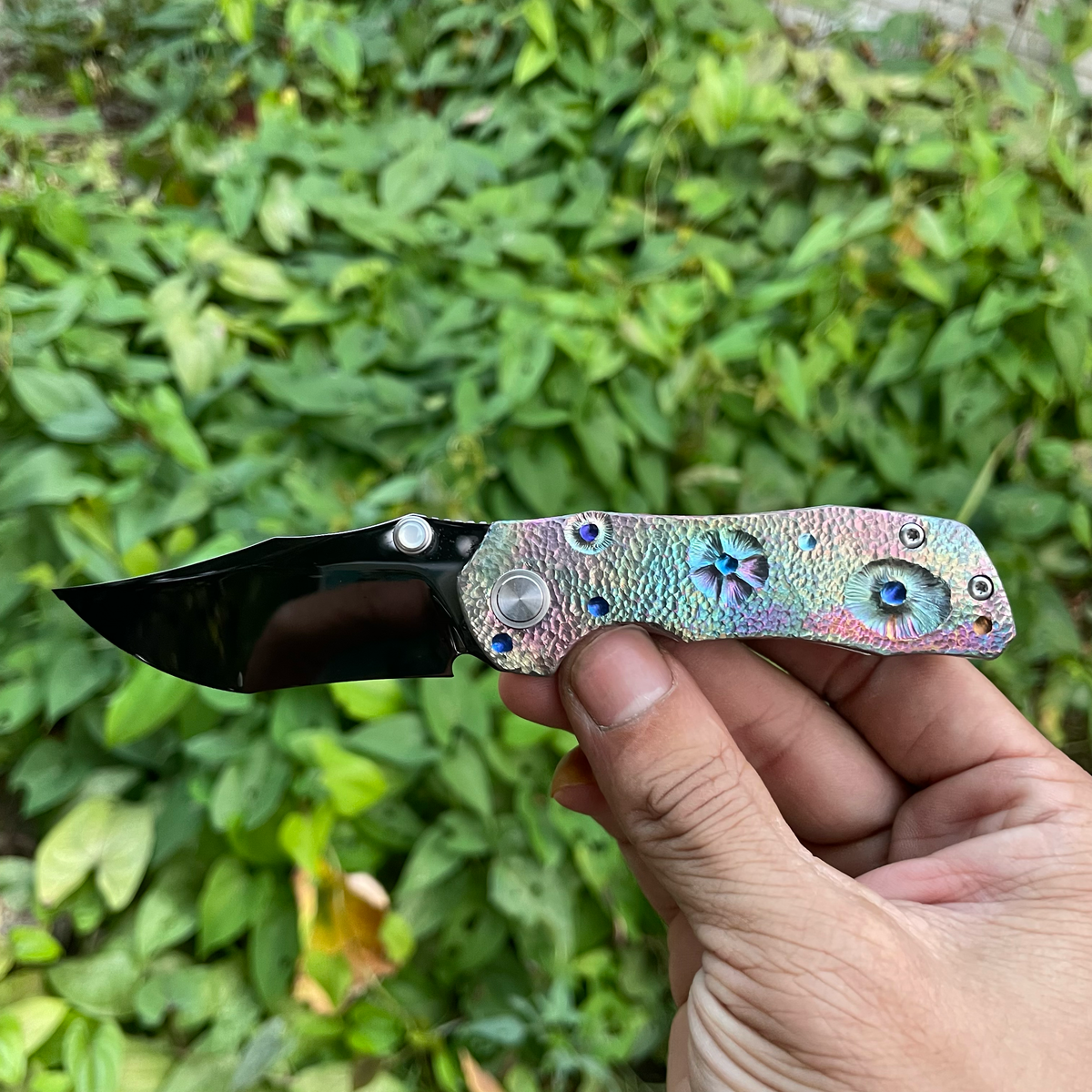 Handmade M398 EDC Folding Knife, Rainbow Anodized Titanium Handle Mirror Polished Blade, Collector Pocket Knife