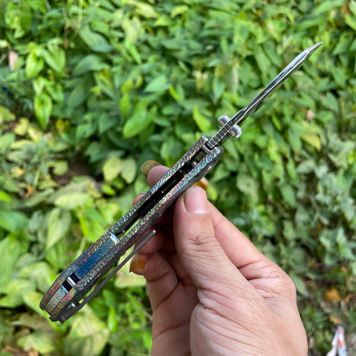 Handmade M398 EDC Folding Knife, Rainbow Anodized Titanium Handle Mirror Polished Blade, Collector Pocket Knife